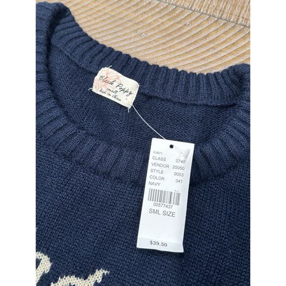 Black Poppy “J'ADORE FRENCH BOYS” Navy Blue Sweater NWT - Size S - Picture 3 of 7